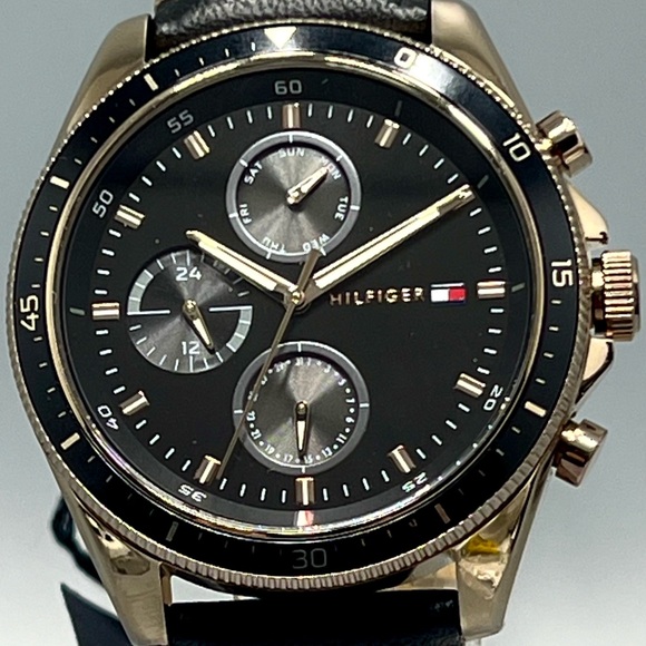 NEW Tommy Hilfiger Parker Men's Black Leather Strap Black Dial 1791836 Watch - Picture 3 of 11